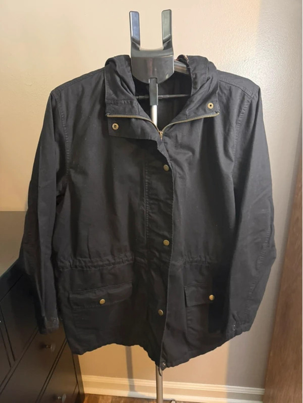 Active USA Women’s XL Black Hooded Anorak Utility Jacket Cinch Waist